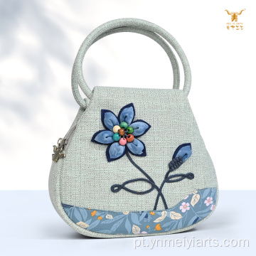 Bolsa de linho de algodão com flor de seis pétalas estilo étnico